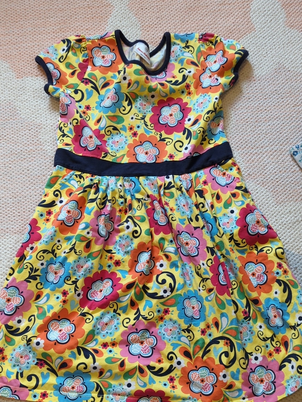 Hanna Andersson Yellow Floral Cotton Dress with Navy Trim 140/10